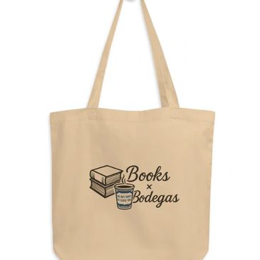 Beige tote bag with books and a coffee cup graphic and 'Books x Bodegas' text.