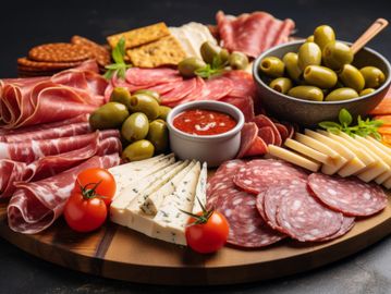Antipasto Platter with meat cheese olives and crackers