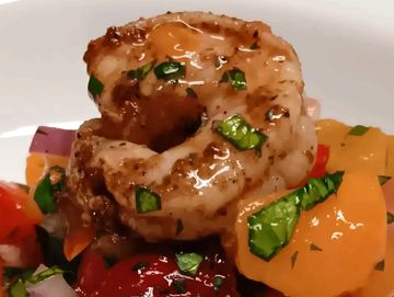 Jerk shrimp with strawberry peach mango salsa