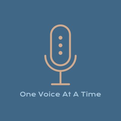 Minimalist microphone logo with the text 'One Voice At A Time' on a blue background.