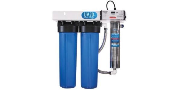 Water purification system with dual blue filters and UV sterilizer.
