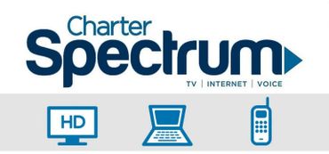 Charter Spectrum logo with icons for TV, internet, and voice services.