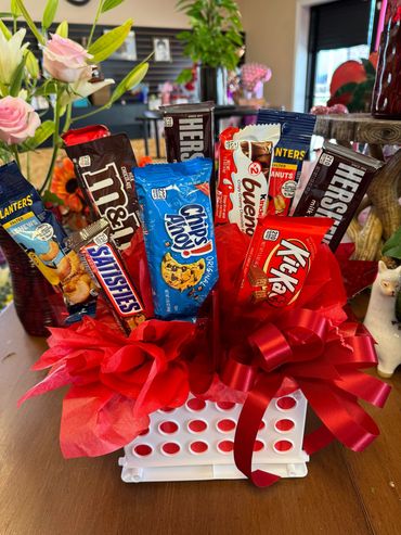 Assorted Snack Bouquet with full size candy bars and other snacks.