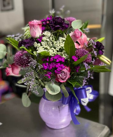 Margarita Pitcher with Lavender Rose, Moon Carnations assorted Flowers and Greens.