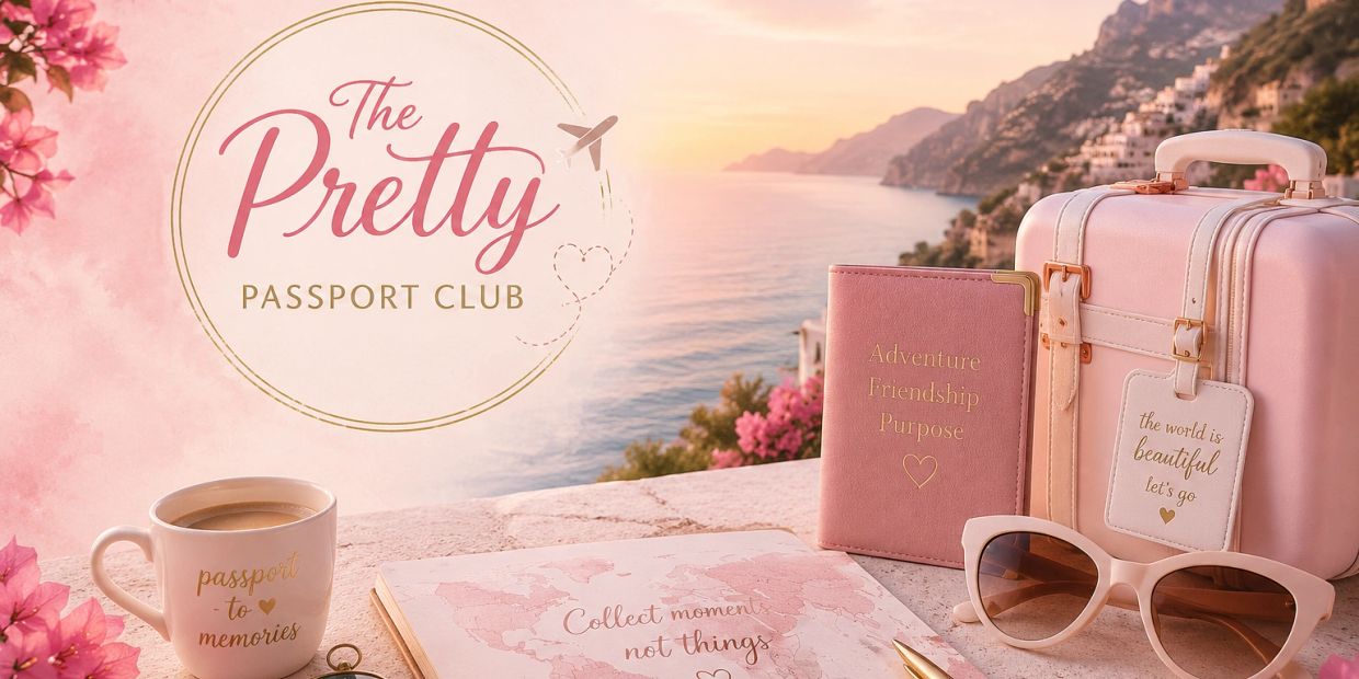 Travel-themed pastel setup with a suitcase, sunglasses, coffee, and inspirational quotes.