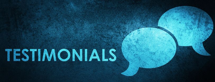 Blue textured background with the word 'TESTIMONIALS' and two speech bubbles.