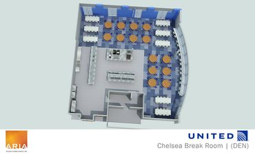 3D rendering of United Airlines Chelsea Break Room design at Denver International Airport.