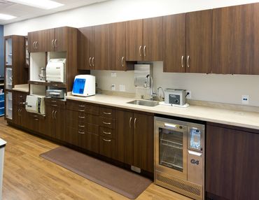 Modern clinic workspace with wood cabinetry, built-in equipment, and durable countertops.
