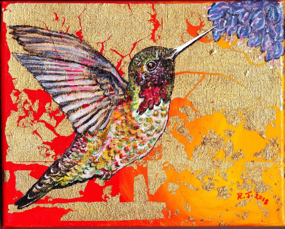 Colorful hummingbird painting on canvas.