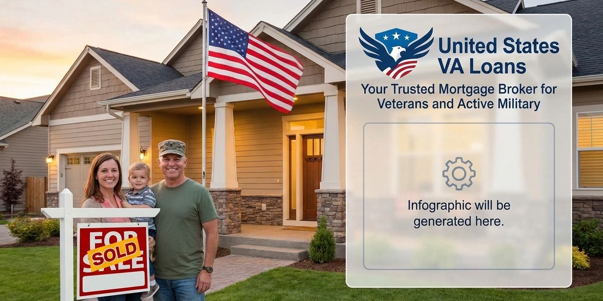 Happy family stands by their sold home with an American flag, promoting VA loans for veterans.