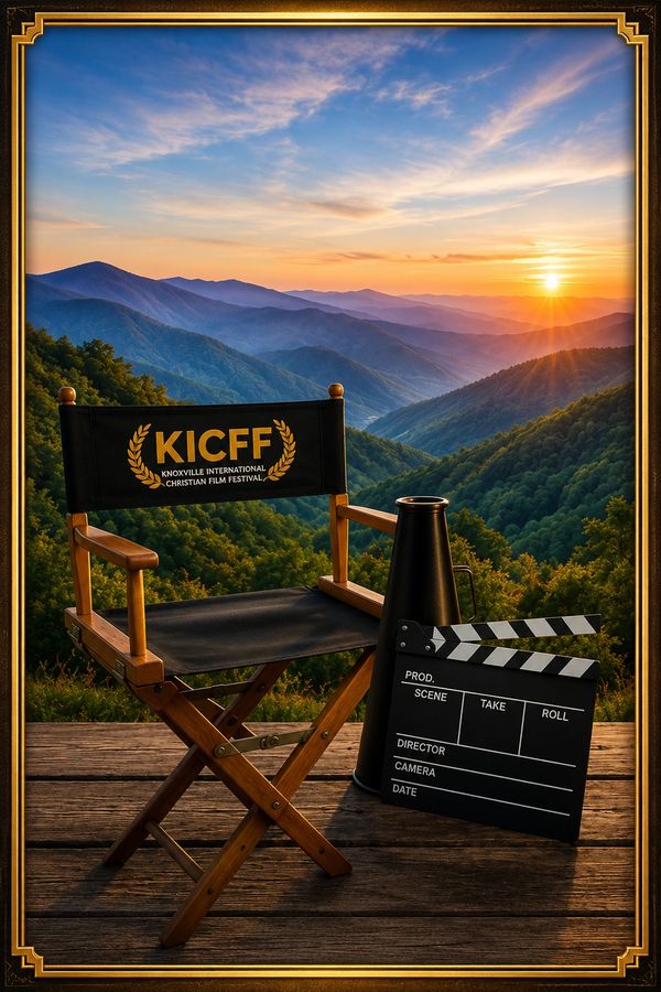 Film director's chair and clapperboard at sunset in the mountains.