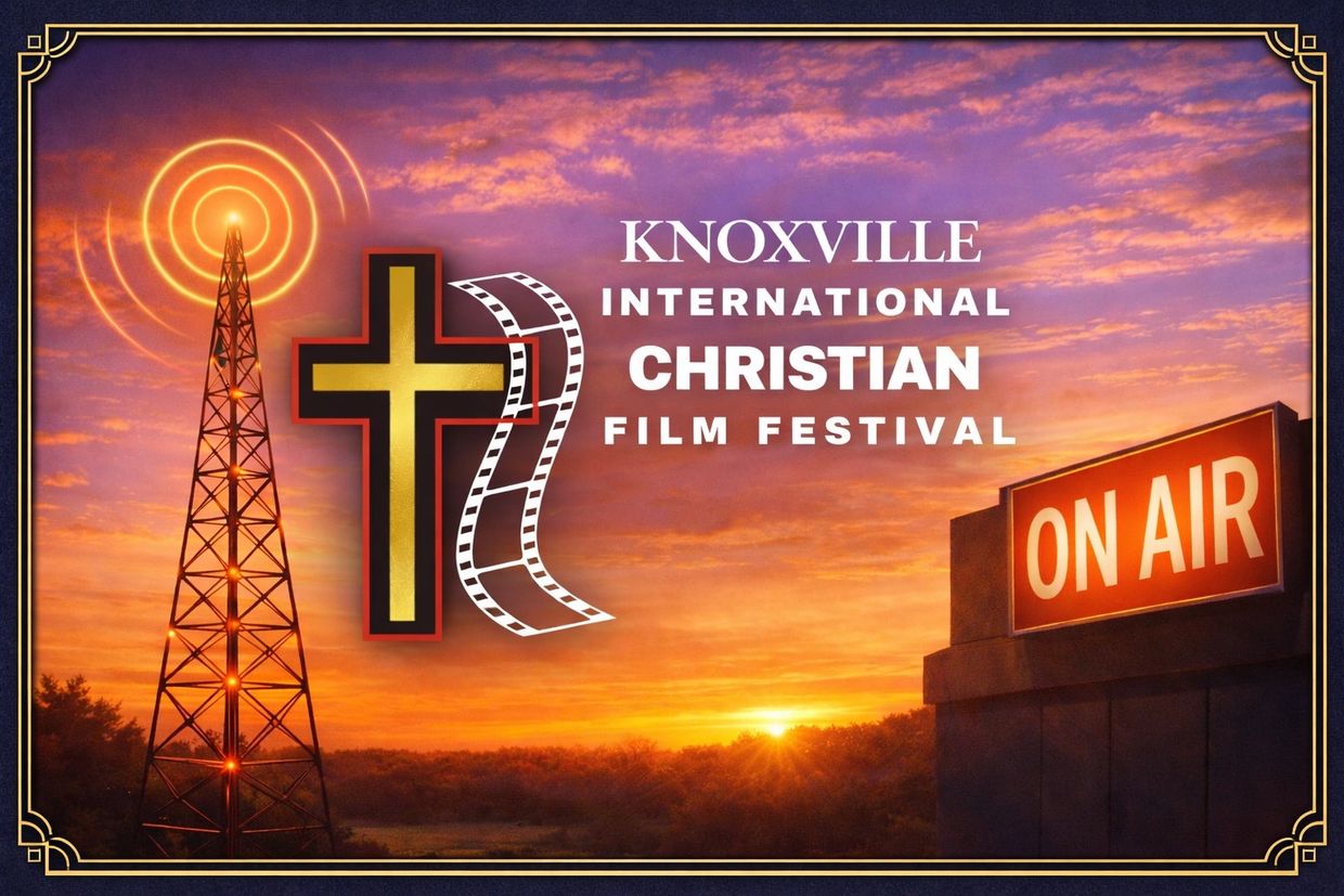 Logo of Knoxville International Christian Film Festival with sunset background and broadcast tower.