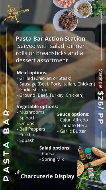 A customizable pasta bar with hearty toppings, fresh veggies, and flavorful sauce options.