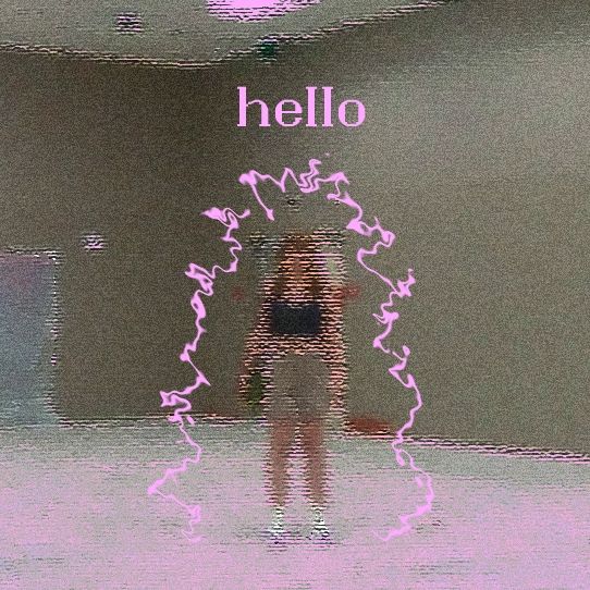 Person with pink aura and the word 'hello' above them in a glitchy style.
