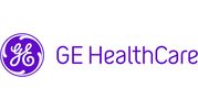 GE HealthCare logo in purple with circular emblem.