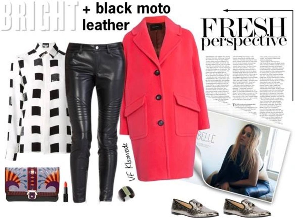 Moto leather pants, white shirt + black squares, pink wool coat, colorful clutch, metallic loafers.