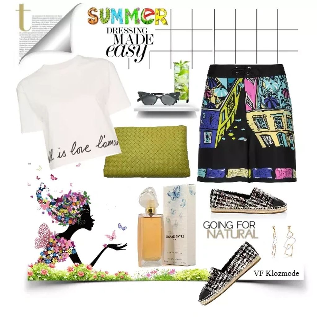Silk print shorts, white cropped graphic T, woven clutch, textured espadrilles.