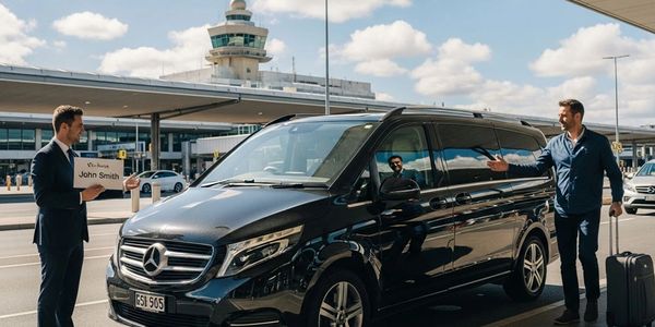Man arriving at airport greeted by chauffeur holding a sign with his name.