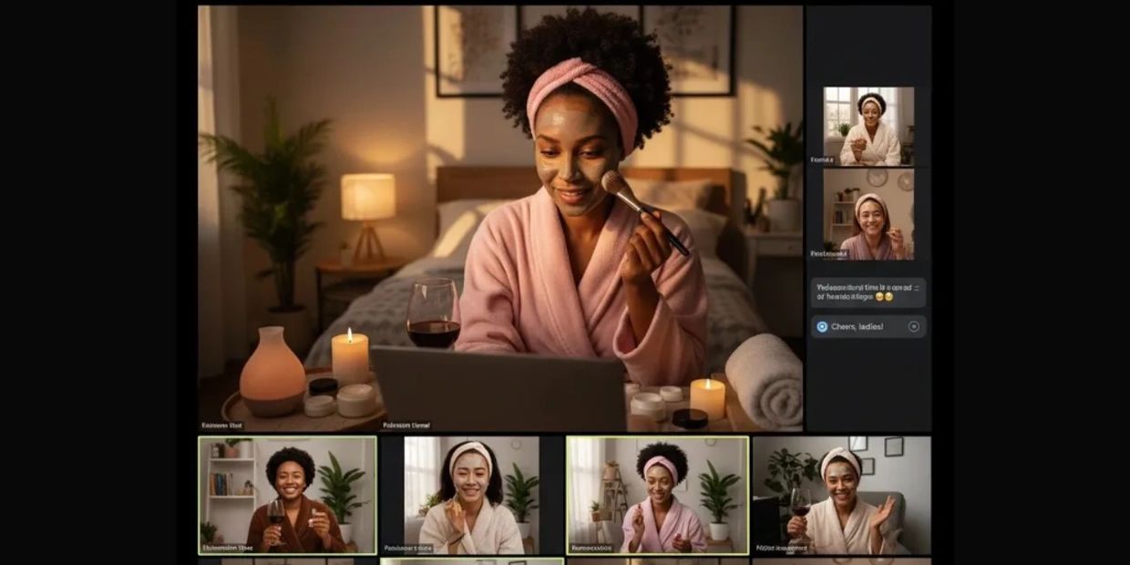 Women doing facials in their homes in front of a computer.