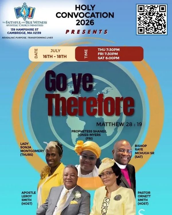 Flyer for Holy Convocation 2026 with dates, speakers, and a biblical theme.
