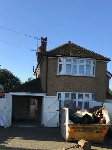 Detached house, garage, skip