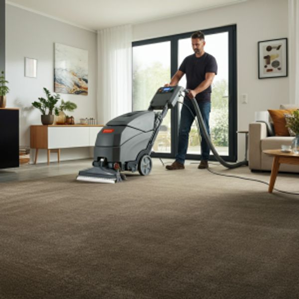 Man cleaning carpet with a professional carpet cleaning machine.