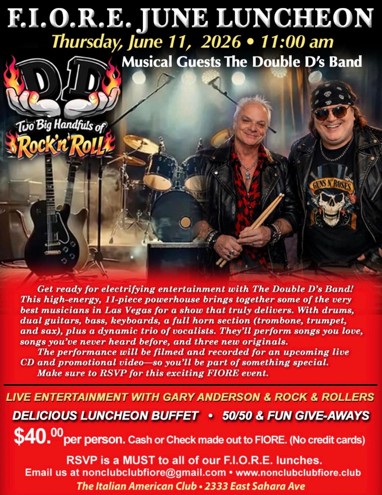 F.I.O.R.E. June Luncheon featuring The Double D's Band on June 11, 2026, with live entertainment and a buffet.