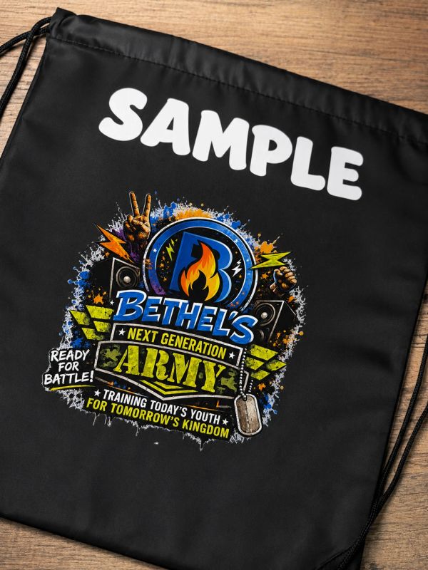 Black drawstring bag with vibrant Bethel's Army graphic.
