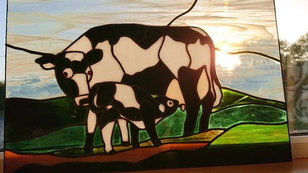 Example of a Private Commission done by Vetrate Art Showing a Friesian Dairy Cow