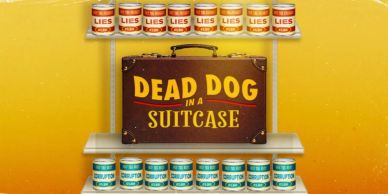A suitcase labeled 'Dead Dog in a Suitcase' surrounded by cans labeled 'Lies' and 'Corruption'.