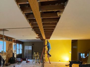 Framing, structural framing, basement, kitchen, house framing. structural beams.