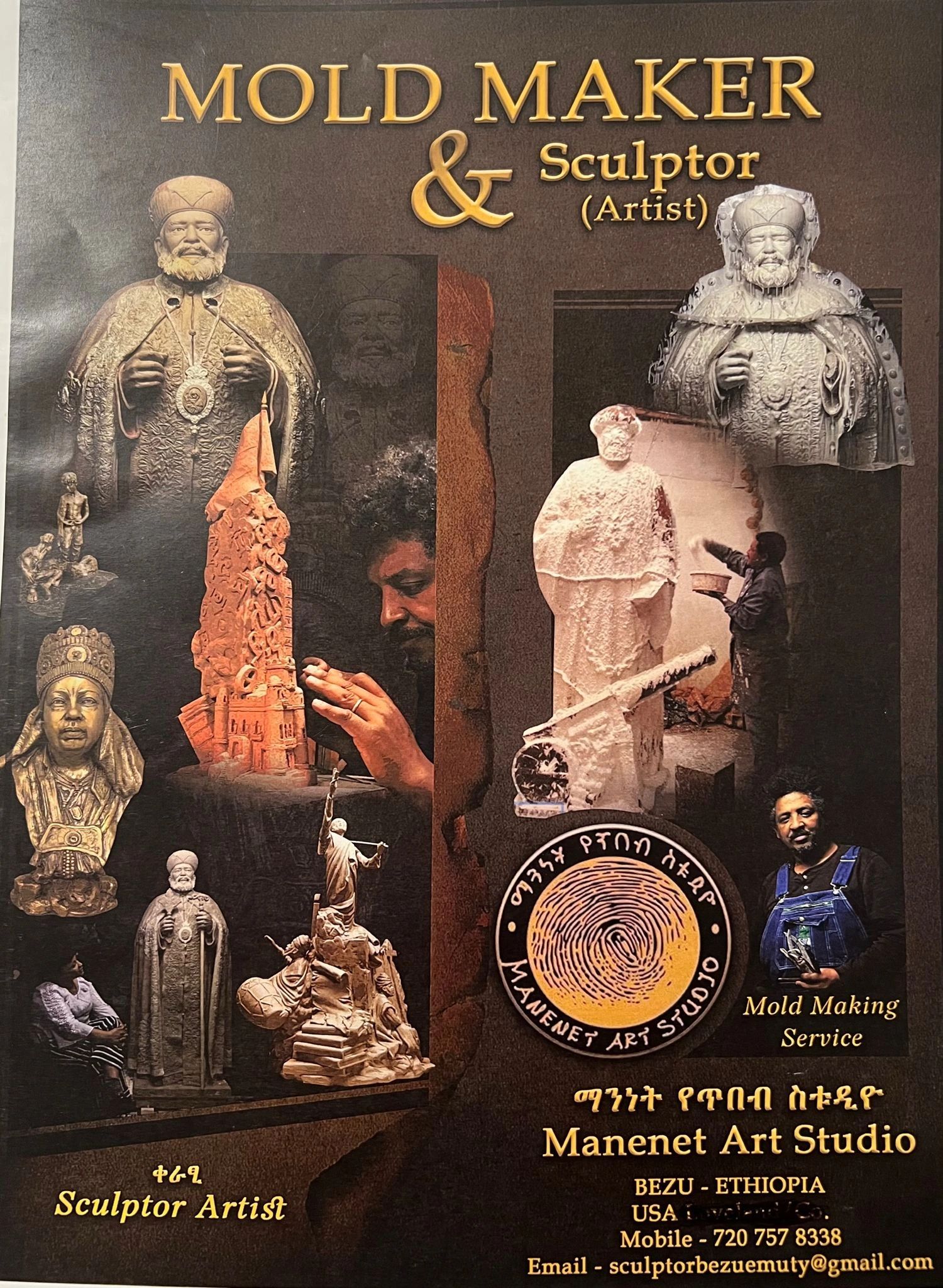 Poster showcasing Mold Maker and Sculptor artist with detailed sculptures and contact info.