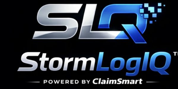Logo of StormLogIQ powered by ClaimSmart with metallic and blue accents.