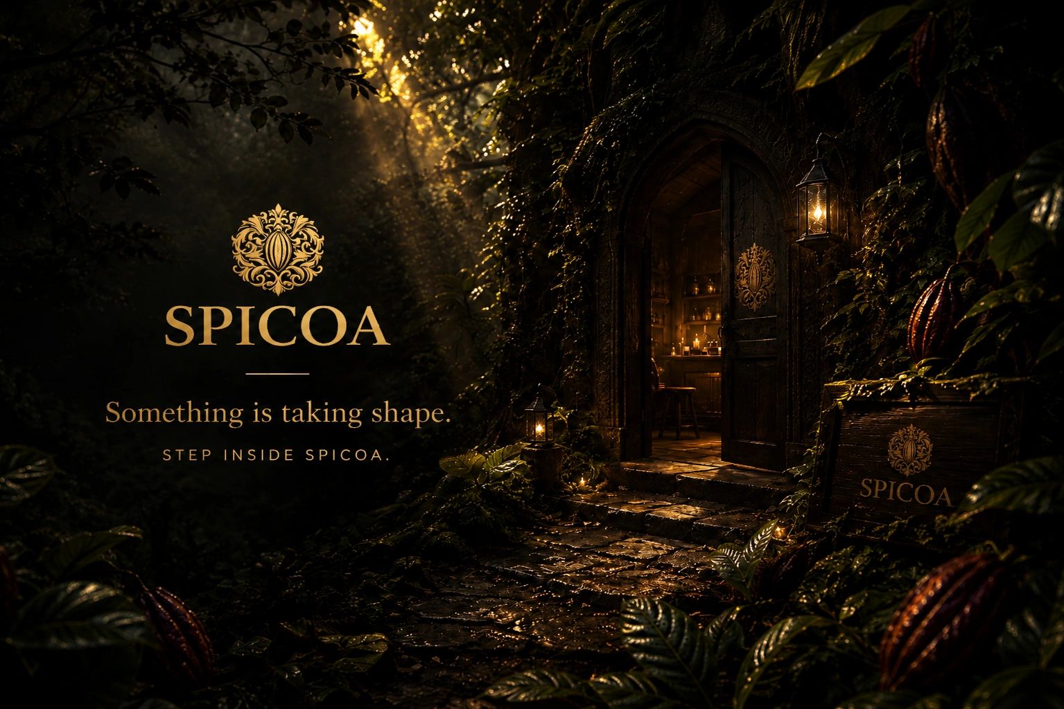 A mystical doorway leading into the SPICOA experience, surrounded by a lush cocoa-inspired forest.