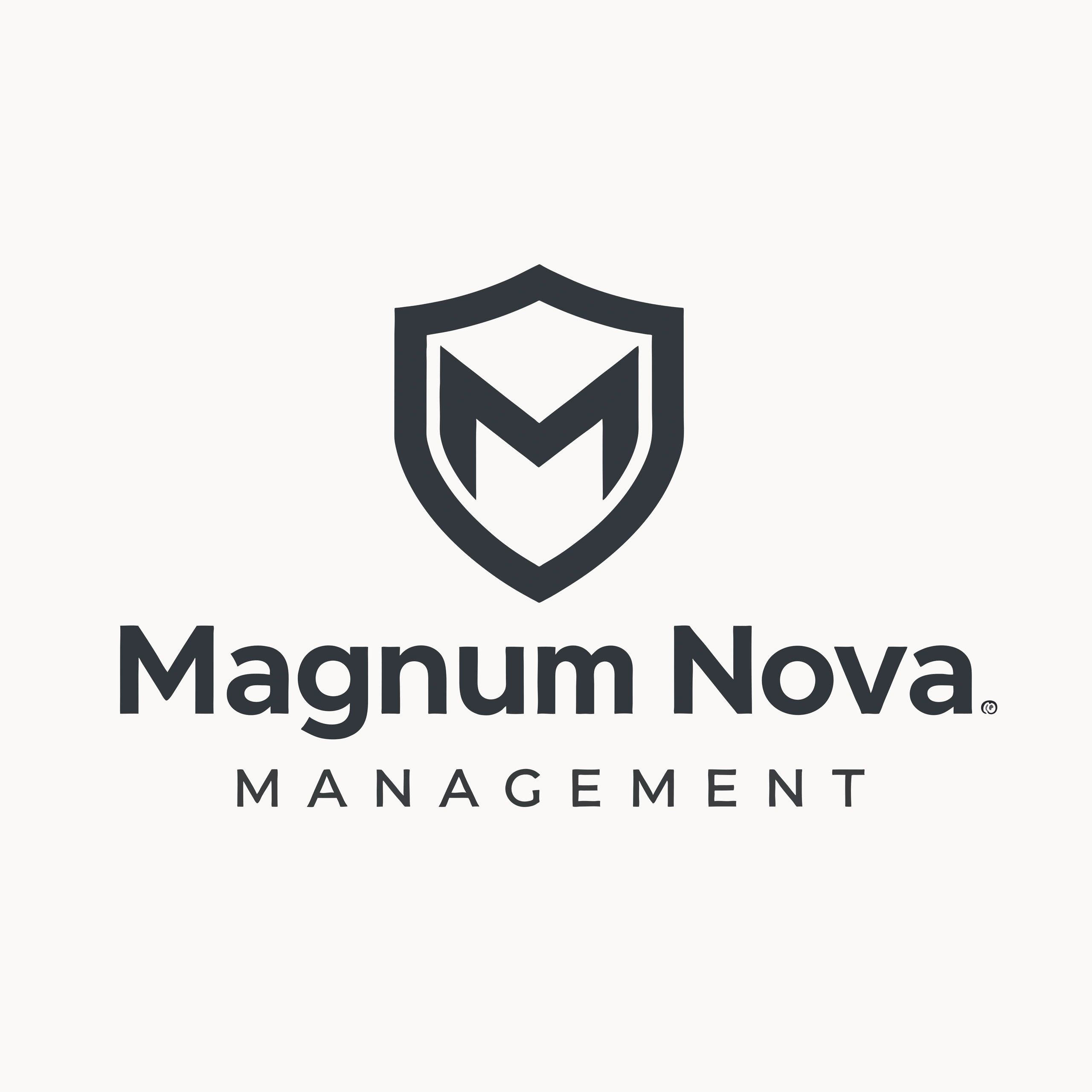 Magnum Nova Management logo with shield and 'M' design.