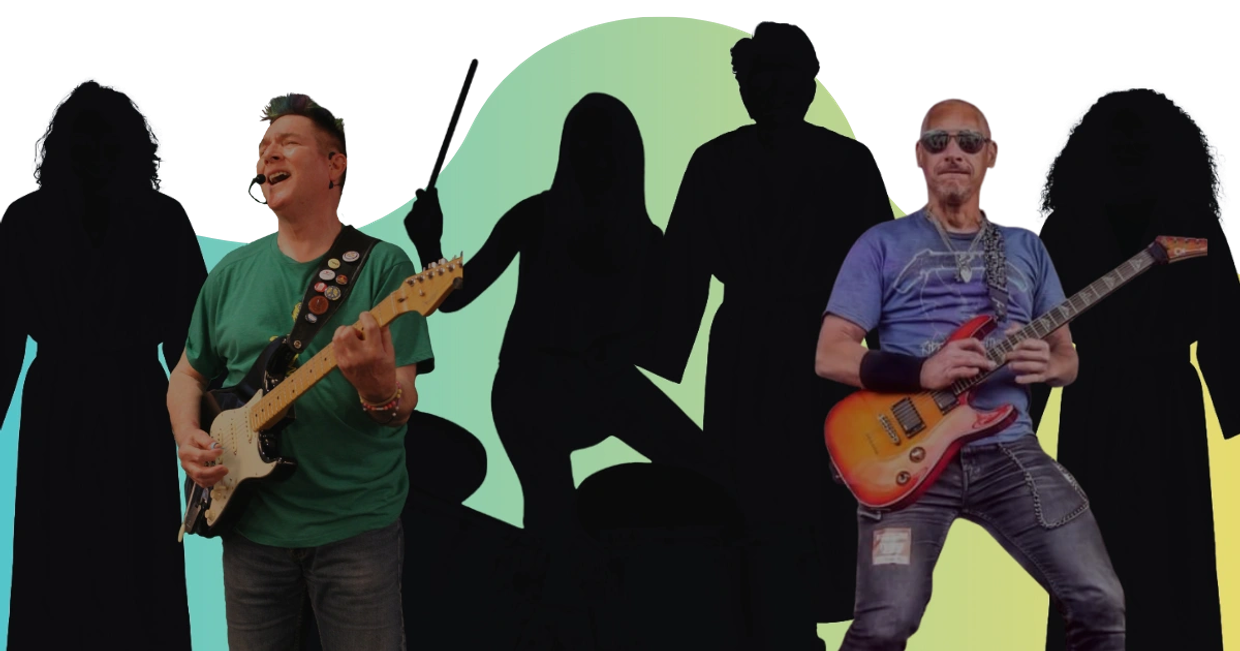 Two guitarists performing with silhouetted band members behind.