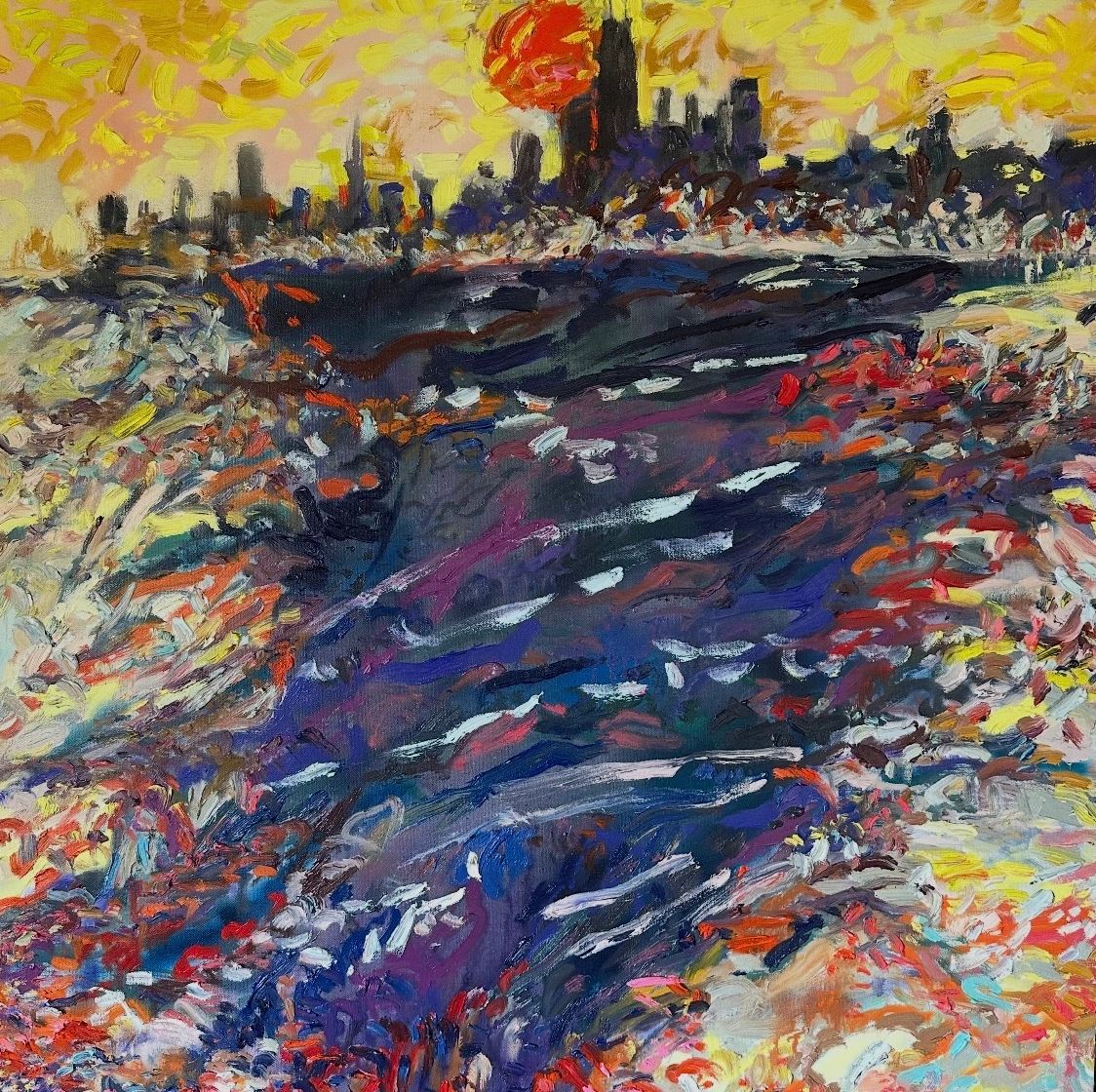 Abstract cityscape at sunset with expressive brushstrokes.