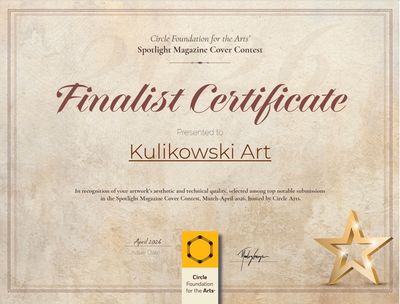 Certificate awarding Kulikowski Art as finalist in Spotlight Magazine Cover Contest.