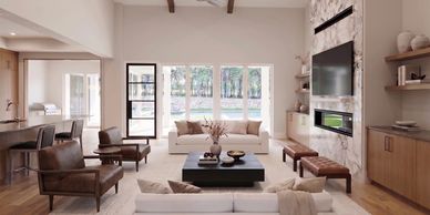 Modern living room with large windows and neutral decor.
