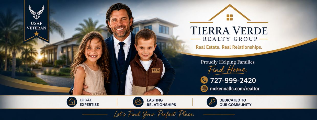 Real estate ad showing a man with two kids and contact details.