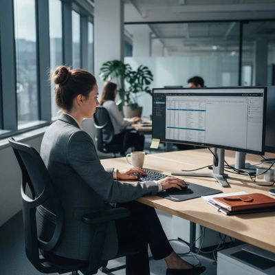 A woman working on a computer in a modern office space.