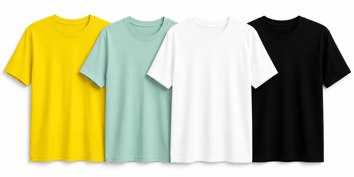 Four plain colored t-shirts: yellow, mint green, white, and black.
