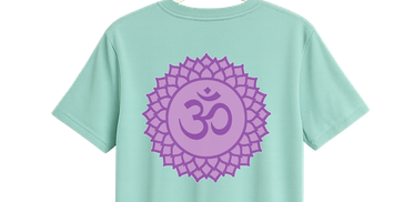 Light blue recycled cotton t-shirt with purple Om symbol on back. Chakra series.