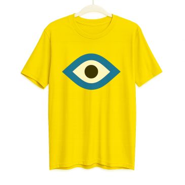 Yellow recycled cotton t-shirt with a blue eye design.