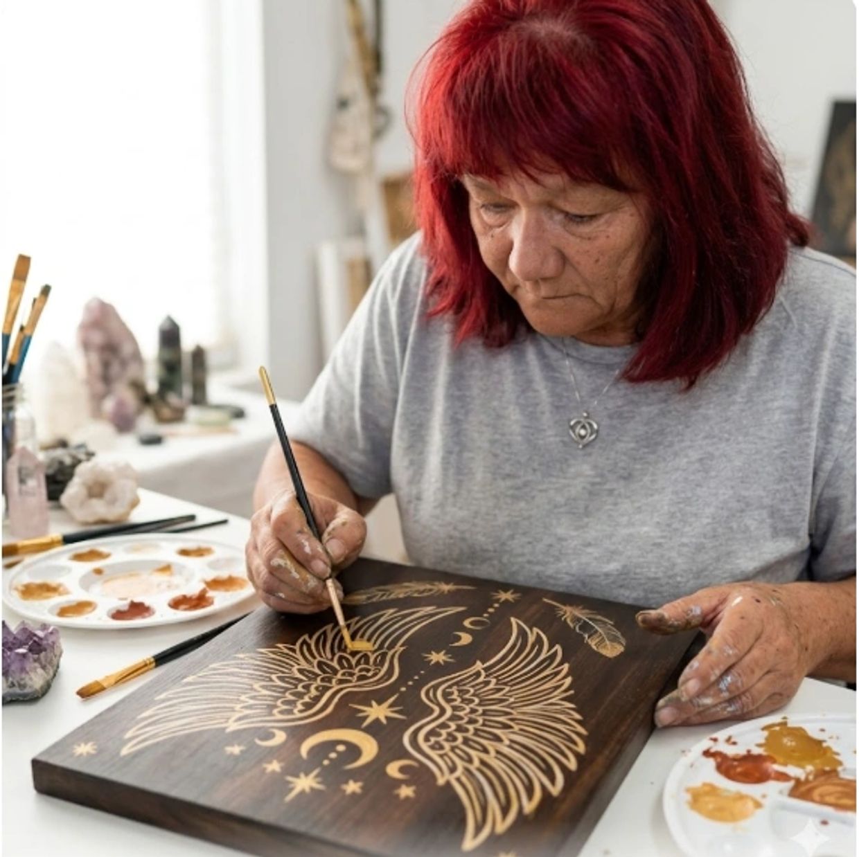 Woman painting intricate golden wings and celestial designs on wood.