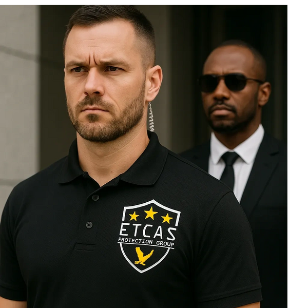 Two serious security guards standing alert, one in a black polo and the other in a suit with sunglasses.