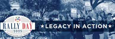 Crowd gathering for Rally Day 2025 with banners and signs.