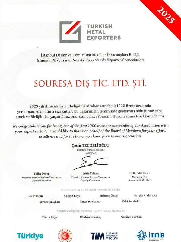 SOURESA 2025 Turkish Metal Exporters top 1000 exporter certificate