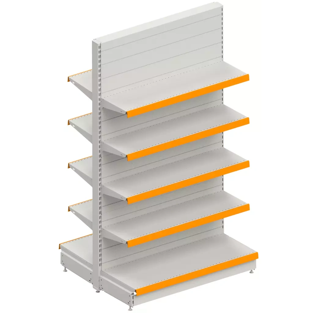 double-sided metal supermarket gondola shelves with orange price rails. Made in Turkey