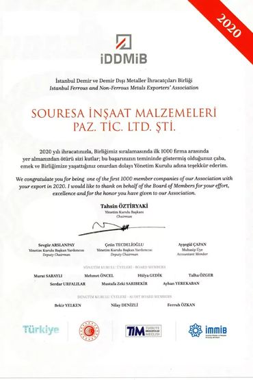 SOURESA Top 1000 Exporter in Turkey Certificate 2020